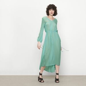 NWT $510 Maje Robe Longue Fluide Green Gathered Waist Chiffon Dress